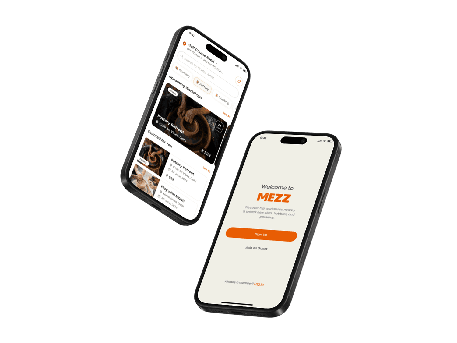 Mezz app showing workshop discovery and onboarding screens